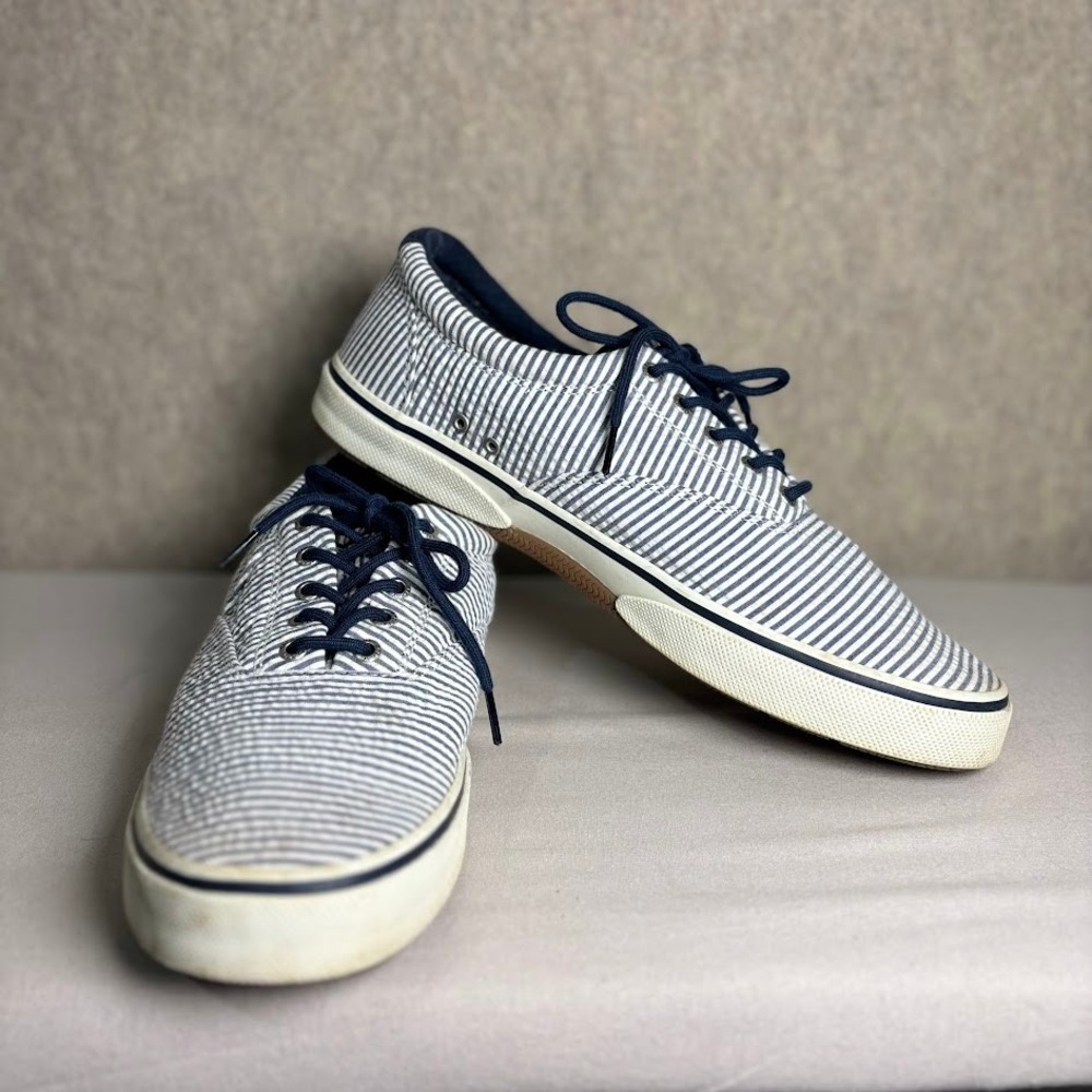Sperry Sneakers Mens 13 Blue White Seersucker Canvas Preppy Coastal STS22087